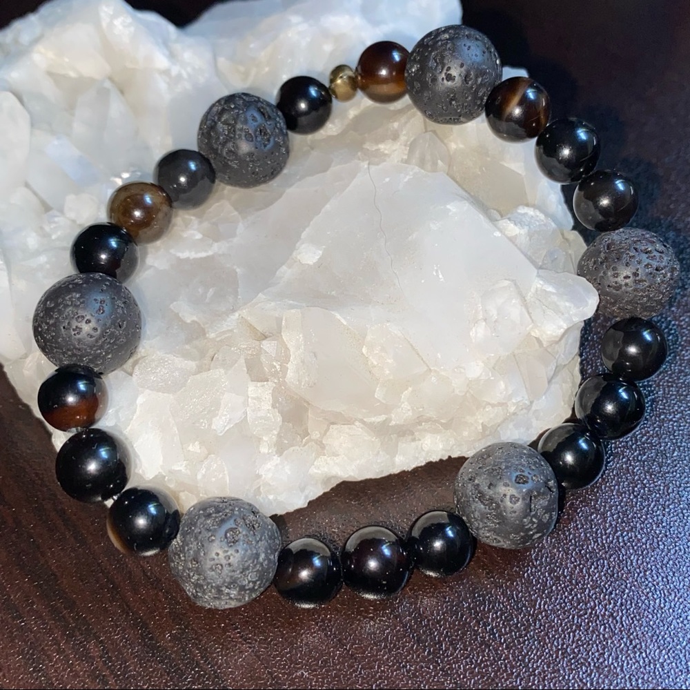 Hand Crafted Bracelet Black Agate & Lava Stretch Unisex Authentic Real Stones - Picture 4 of 7